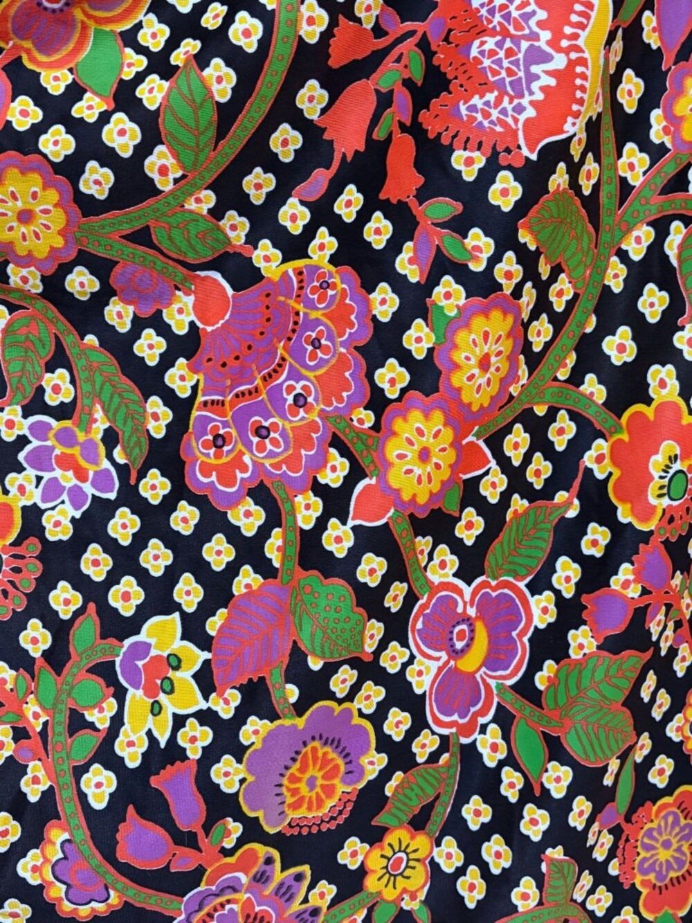 Vintage 60s 70s Maximalist Psychedelic Floral Polka Dot Fabric Rainbow Hippie